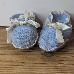 Vintage Crochet Handmade Blue Baby Booties with Ribbon